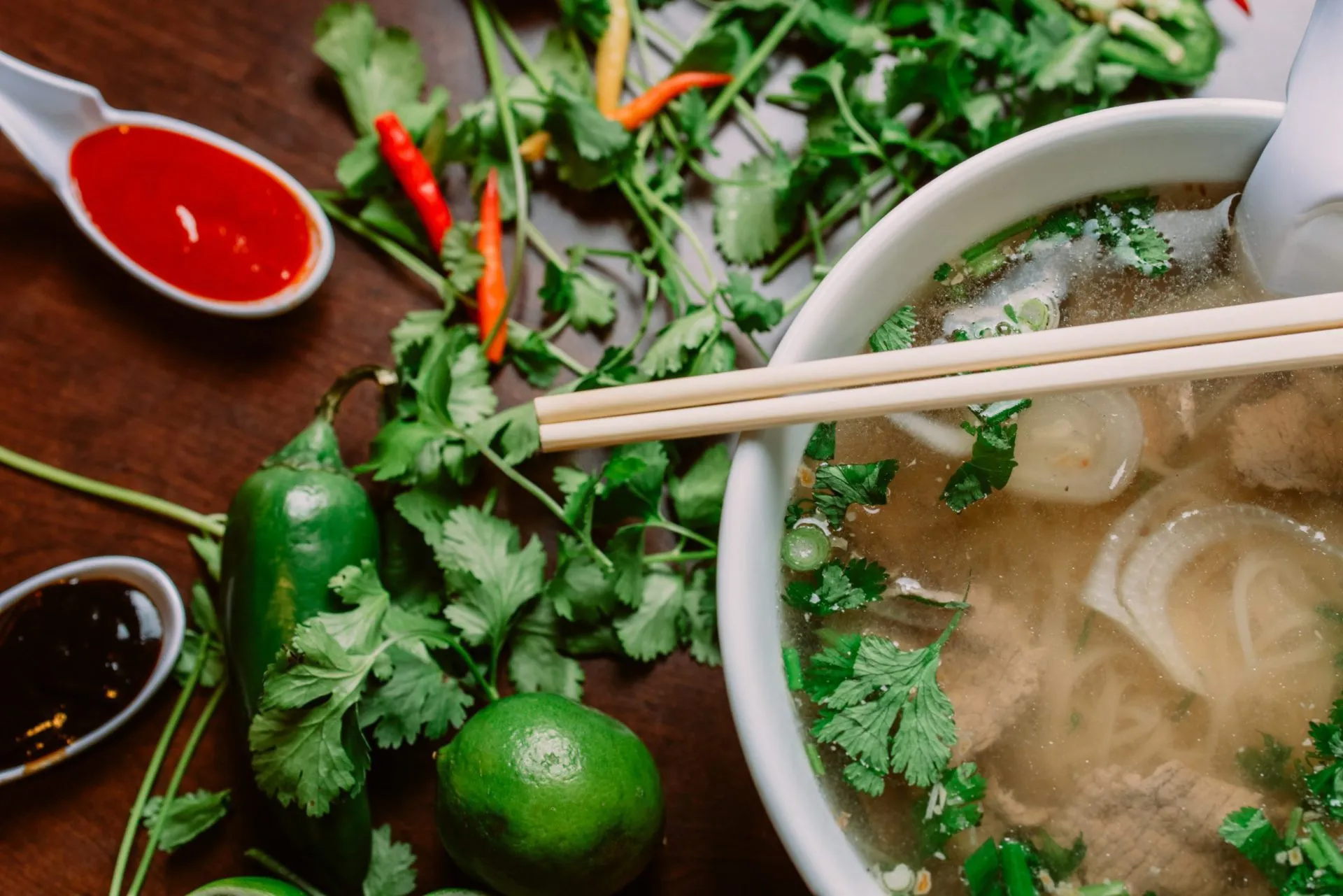A bowl of pho surrounded by fresh cilantro, lime, chilies and dipping sauces.